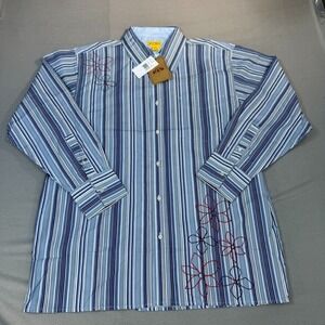 PJ Mark Y2K Shirt Large Men's Blue Striped Floral Embroidered Long Sleeve New